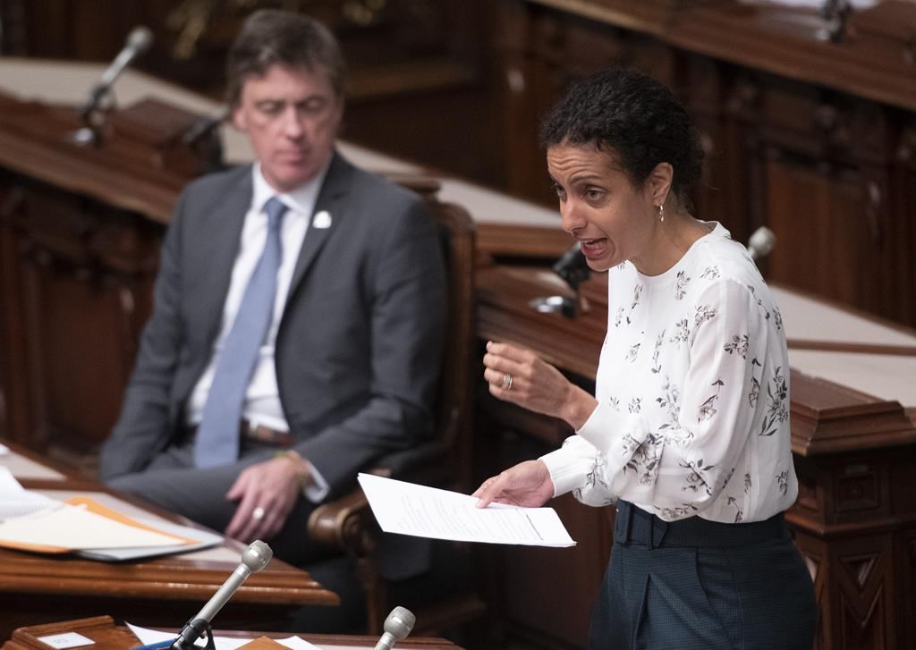 The Quebec Liberal party says its leadership race will get underway next January with plans to elect a new leader in June 2025. Then-Quebec Liberal leader Dominique Anglade questions the government during question period Tuesday, June 2, 2020, at the legislature in Quebec City. Liberal MNA Marc Tanguay, left, looks on. THE CANADIAN PRESS/Jacques Boissinot.