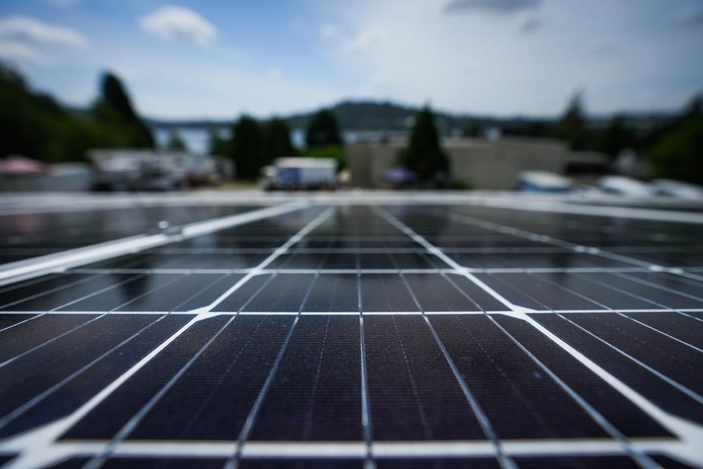 A First Nation in central British Columbia is getting what the federal government says will likely be the largest off-grid solar project in Canada. A solar panel array is seen outside the administration building at the Tsleil-Waututh Nation, in North Vancouver, B.C., Thursday, June 15, 2023. THE CANADIAN PRESS/Darryl Dyck.