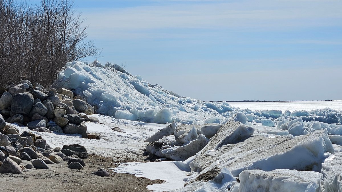 An image of the ice wall crashing onto the Twin Lakes Beach shoreline on April 21, 2024.