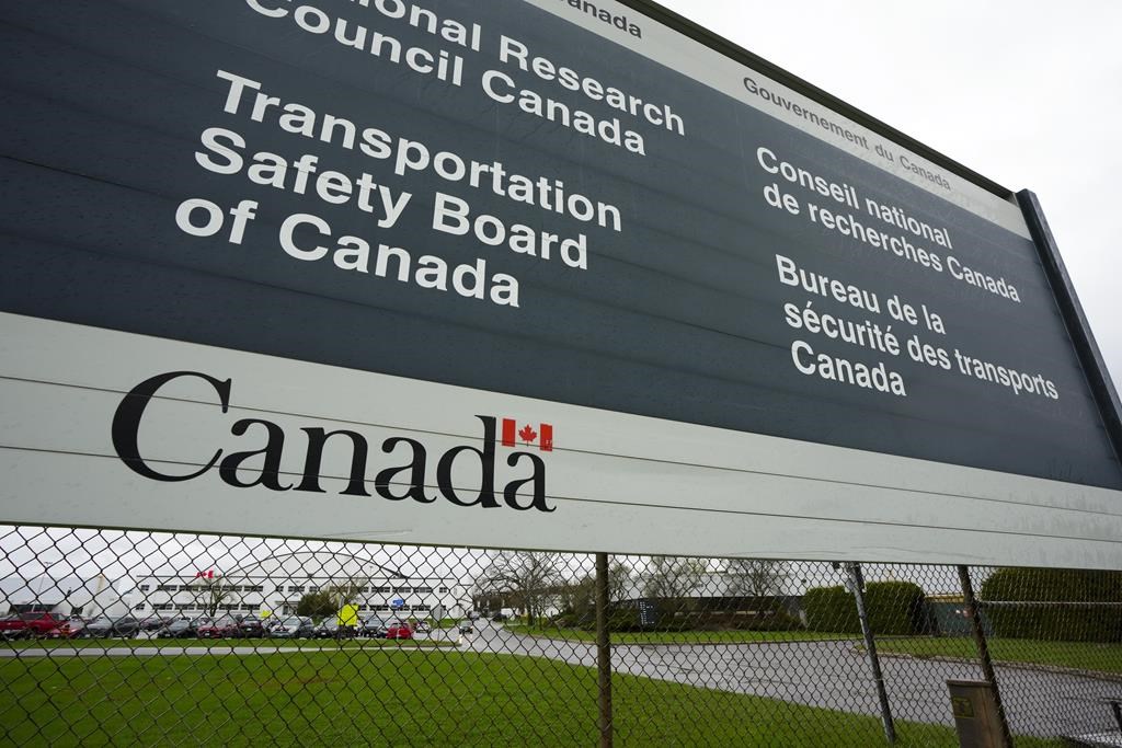 Transportation Safety Board of Canada (TSB) signage is pictured outside TSB offices in Ottawa on Monday, May 1, 2023. The Transportation Safety Board says several factors may have played into the crash of an air taxi in B.C.'s Chilcotin region two years ago, including poor visibility and the pilot's motivation to get to Lorna Lake after cancelling earlier in the day. THE CANADIAN PRESS/Sean Kilpatrick.