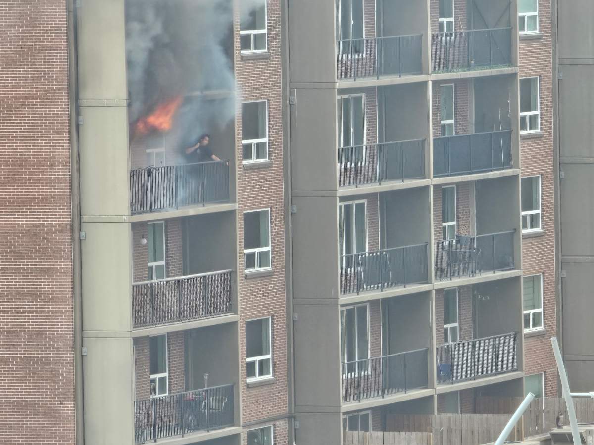 A person was rescued from a fiery balcony as fire crews battled a blaze at an apartment building in the area of Jasper Avenue and 110th Street in Edmonton Thursday, April 25, 2024.