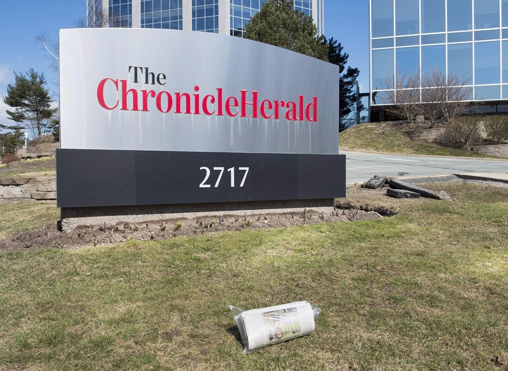 The Chronicle Herald sign is seen in Halifax on Thursday, April 13, 2017. A Toronto-based restructuring firm says several bidders have offered to buy all or part of SaltWire Network and The Halifax Herald, the two companies that operate Atlantic Canada's largest newspaper enterprise. THE CANADIAN PRESS/Andrew Vaughan.