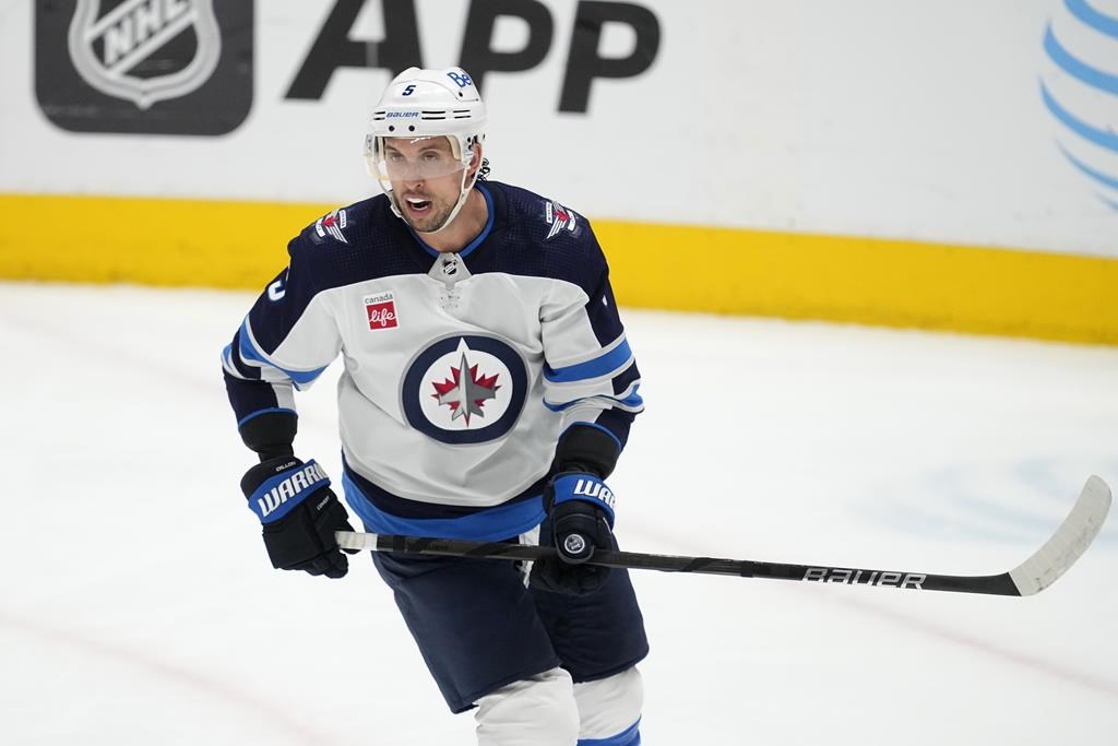 Winnipeg Jets defenceman Brenden Dillon during a game against the Dallas Stars in Dallas on April 11. Winnipeg Jets coach Rick Bowness says Dillon is ‘day to day’ after suffering a hand injury in Game 3 in the series against the Colorado Avalanche.