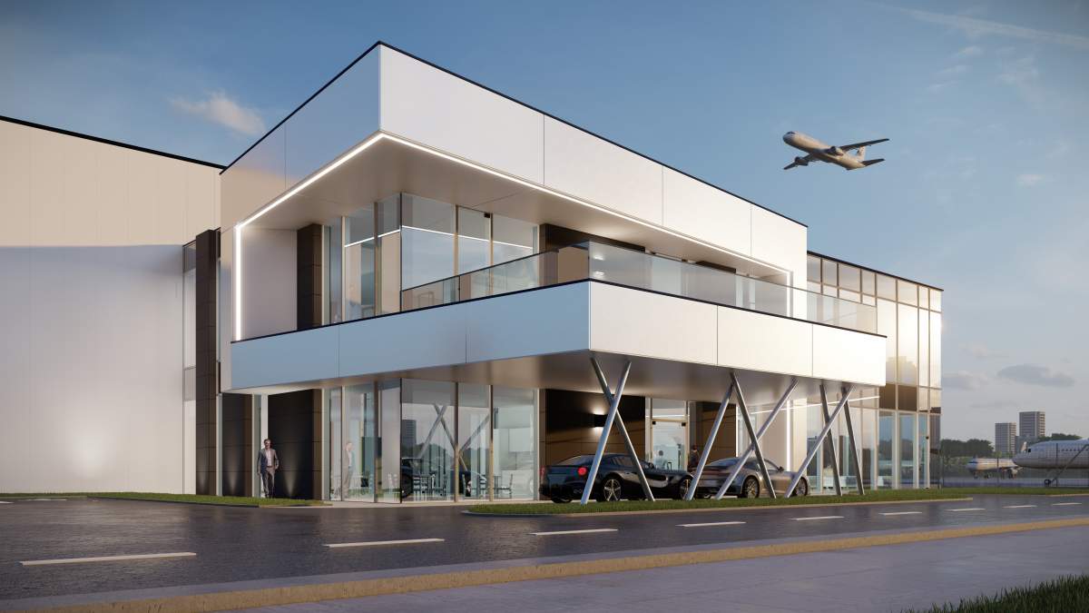 A rendering of a large private aircraft hanger with cars stopped out front and a jet taking off in the background.