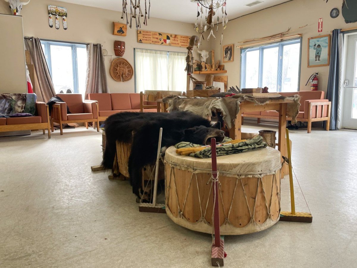 Bear skins, drums and other traditional items are placed in the centre of the room where residents gather for healing circles at Waseskun Healing Centre, an Indigenous-run facility that is the equivalent of a minimum-security penitentiary, in Saint-Alphonse-Rodriguez, Que. March 20, 2024.