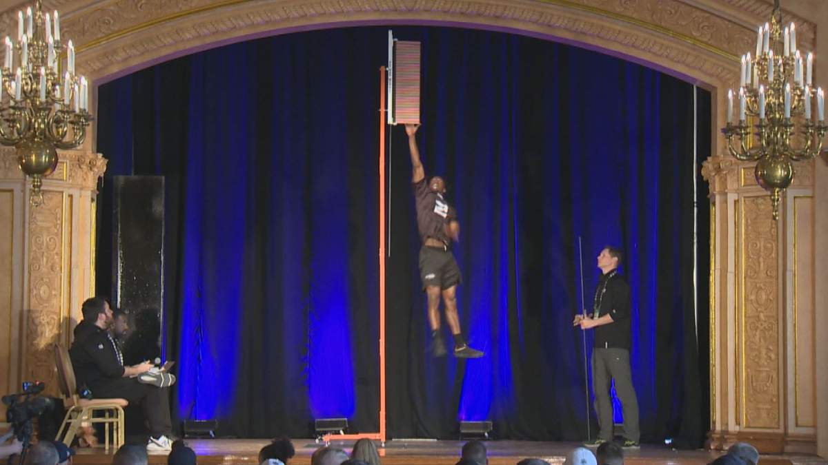 Manitoba Bisons receiver Abdul-Karim Gassama gets his vertical tested at the CFL Combine.