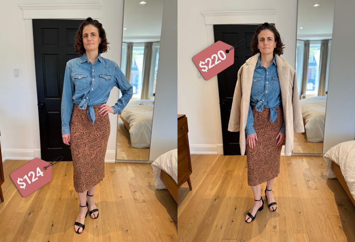 Amaozn Essentials skirt, jean shirt and black heels