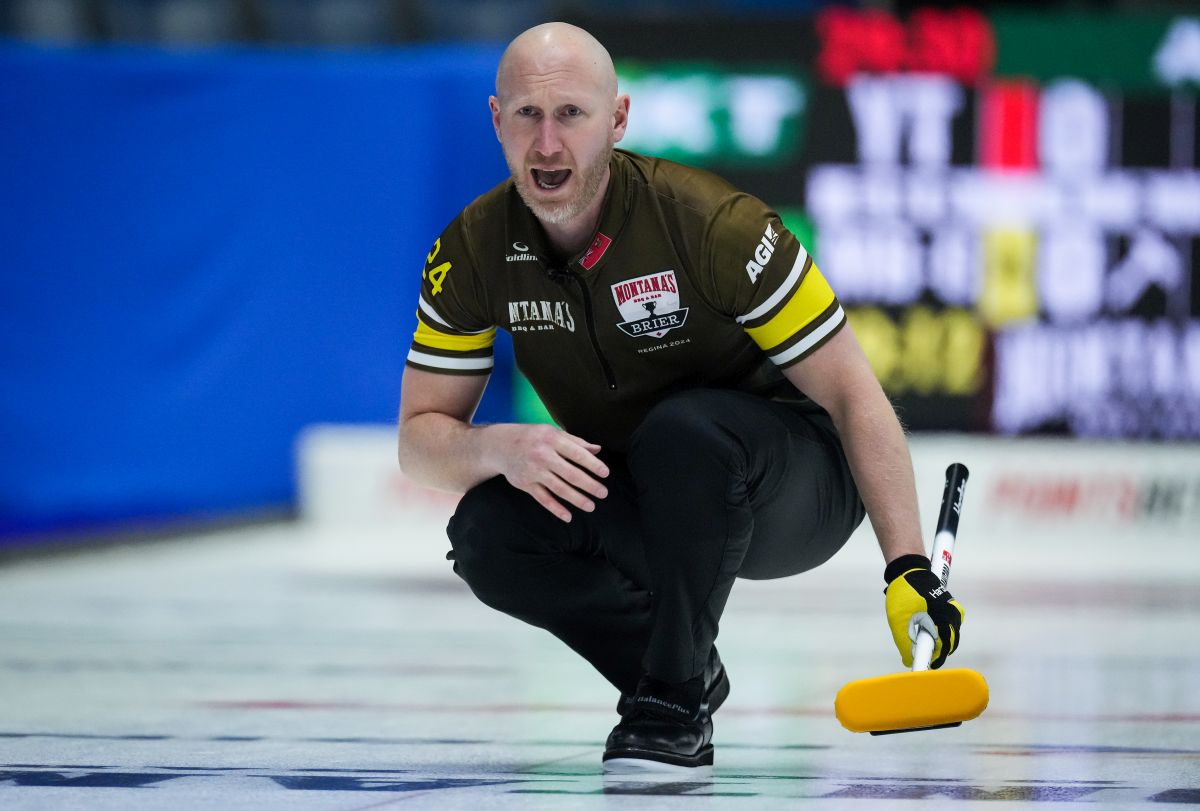 Team Manitoba-Carruthers skip Brad Jacobs calls out to the sweepers while playing Yukon during the Brier, in Regina, Thursday, March 7, 2024.