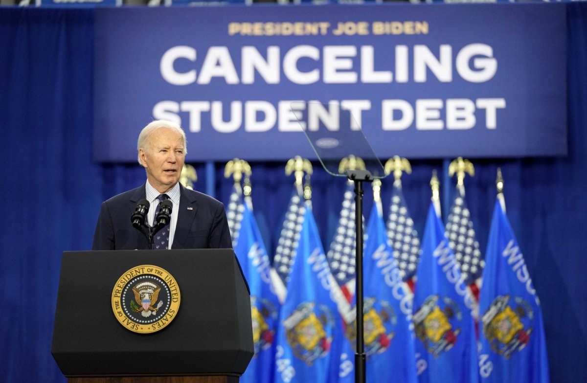 President Joe Biden speaks at an event about canceling student debt, at the Madison Area Technical College Truax campus on Monday, April 8, 2024, in Madison, Wis. (AP Photo/Kayla Wolf).