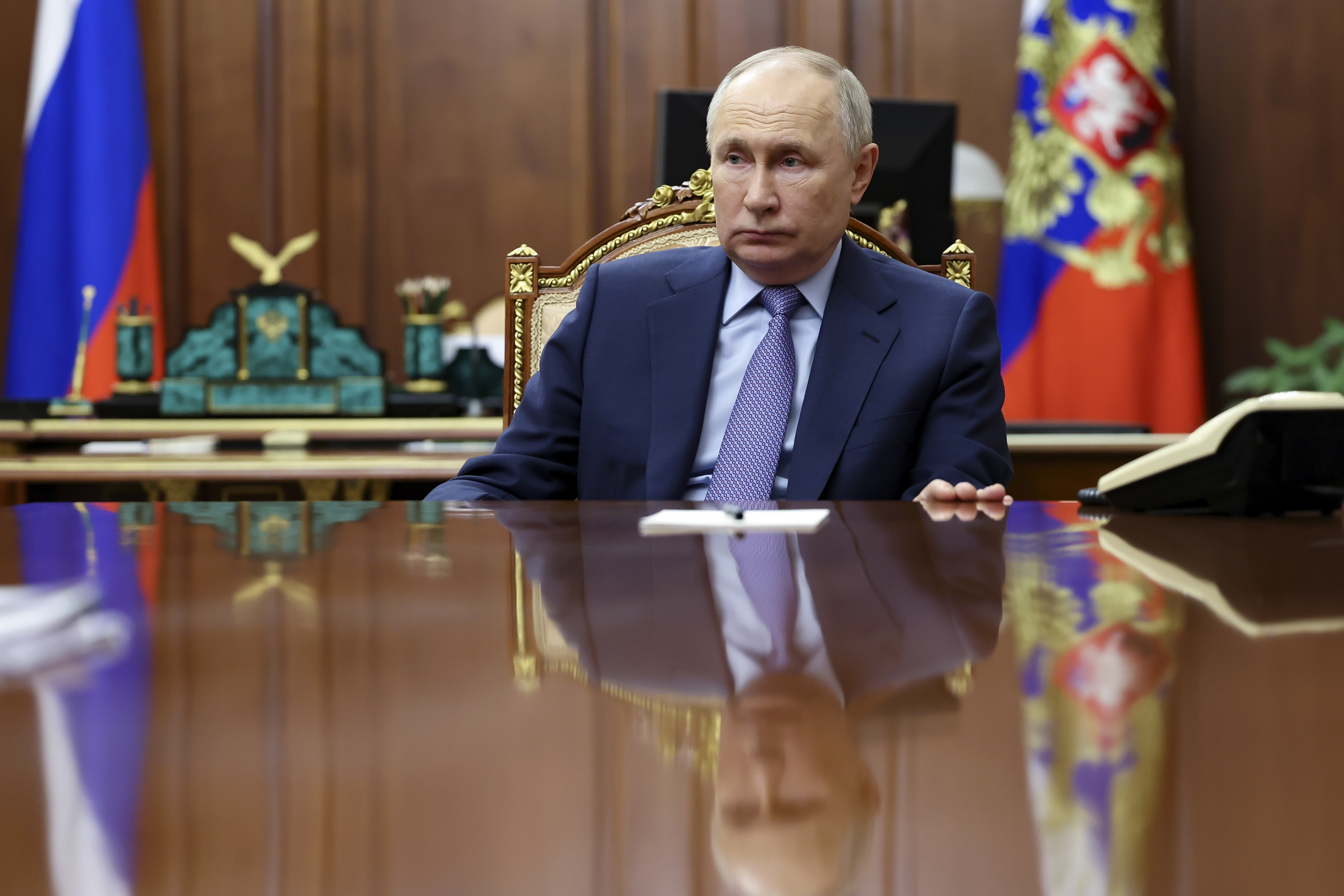 Russia President Vladimir Putin at the Kremlin in Moscow on Wednesday. (Gavriil Grigorov, Sputnik, Kremlin Pool Photo via AP)
