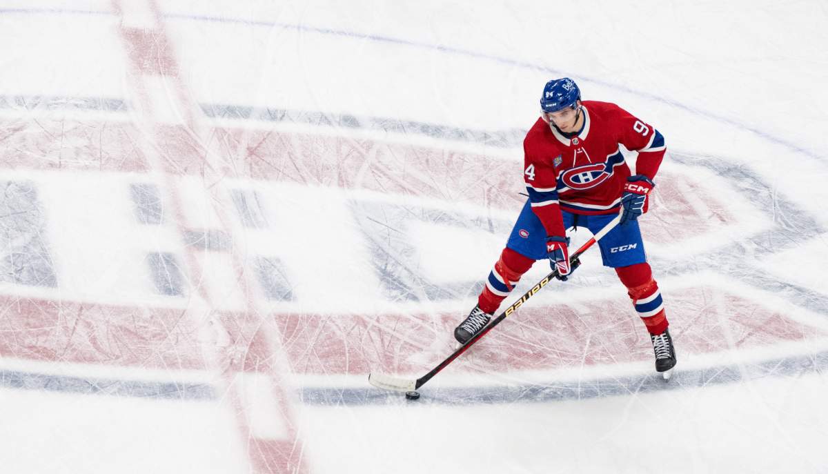 Montreal Canadiens' Logan Mailloux (94) warms up for his debut NHL game against the Detroit Red Wings in Montreal on Tuesday, April 16, 2024.