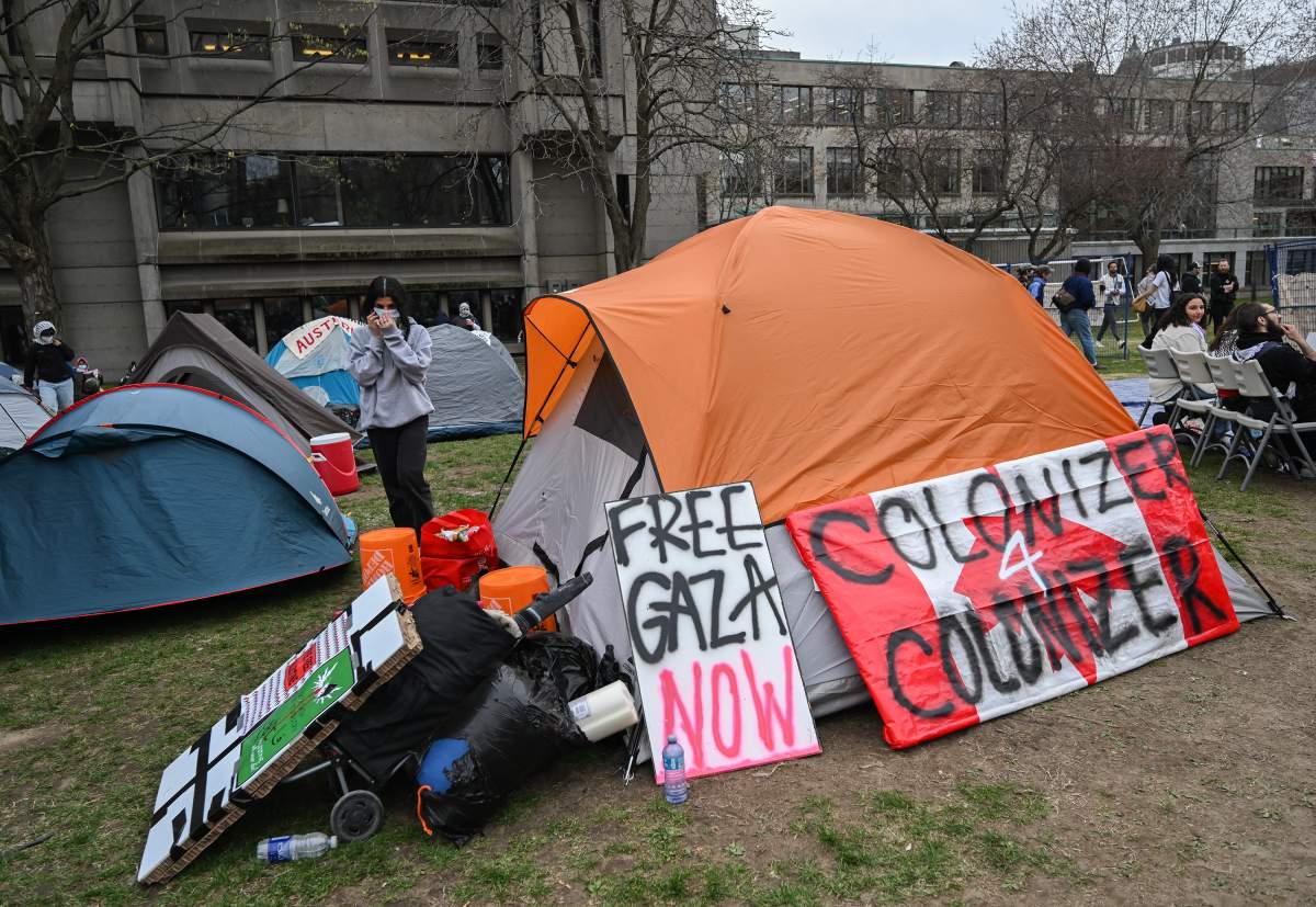 Pro-Palestinian demonstrators at an encampment at McGill University in Montreal, Saturday, April 27, 2024.