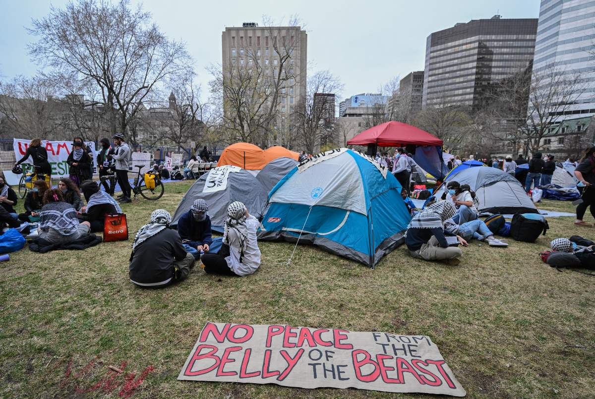 Pro-Palestinian demonstrators at an encampment at McGill University in Montreal, Saturday, April 27, 2024.