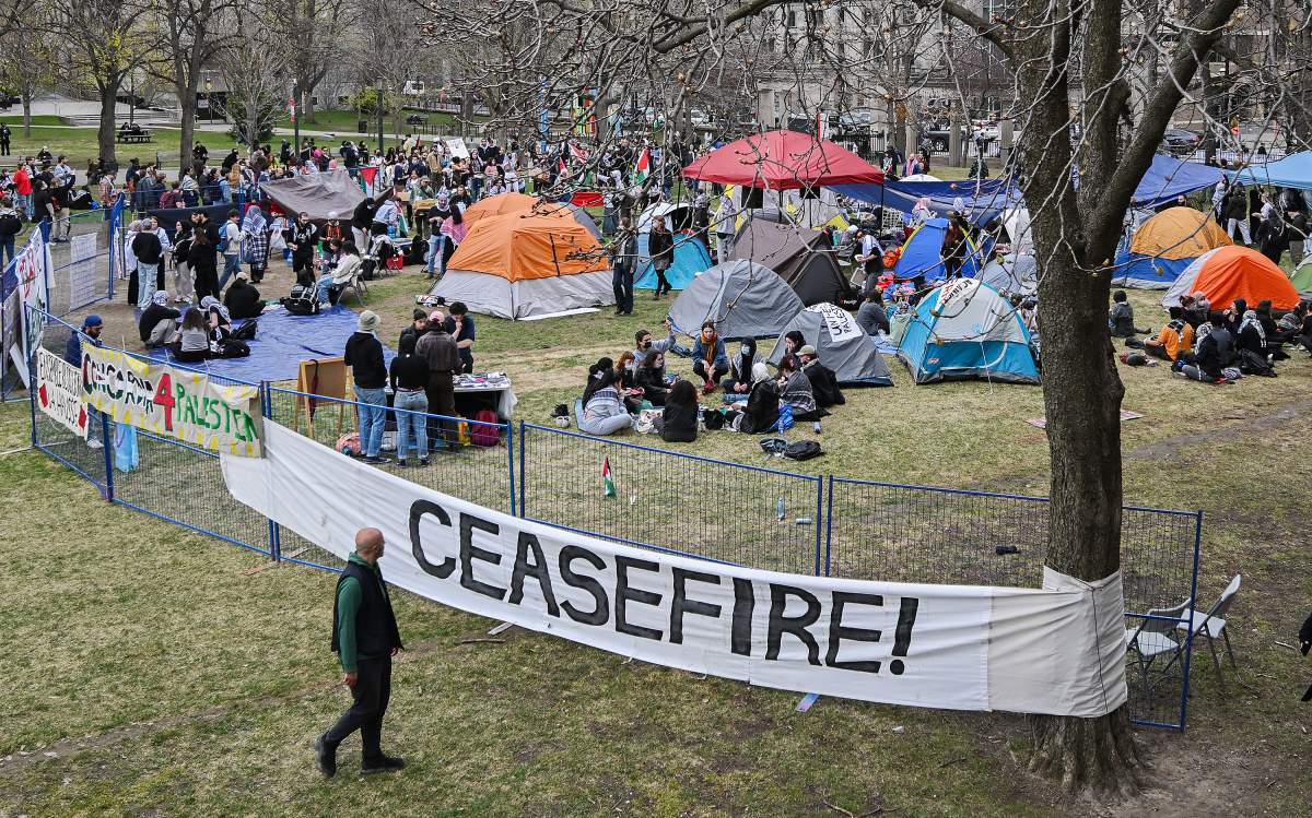 Pro-Palestinian demonstrators at an encampment at McGill University in Montreal, Saturday, April 27, 2024.