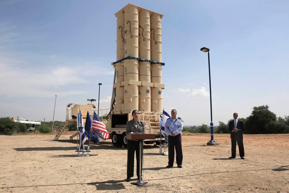 Then U.S. national security adviser Susan Rice, front, addresses the media in front of an Arrow II ballistic missile interceptor during her visit to Palmachim Israeli Air Force base near the city of Tel Aviv on May 9, 2014.