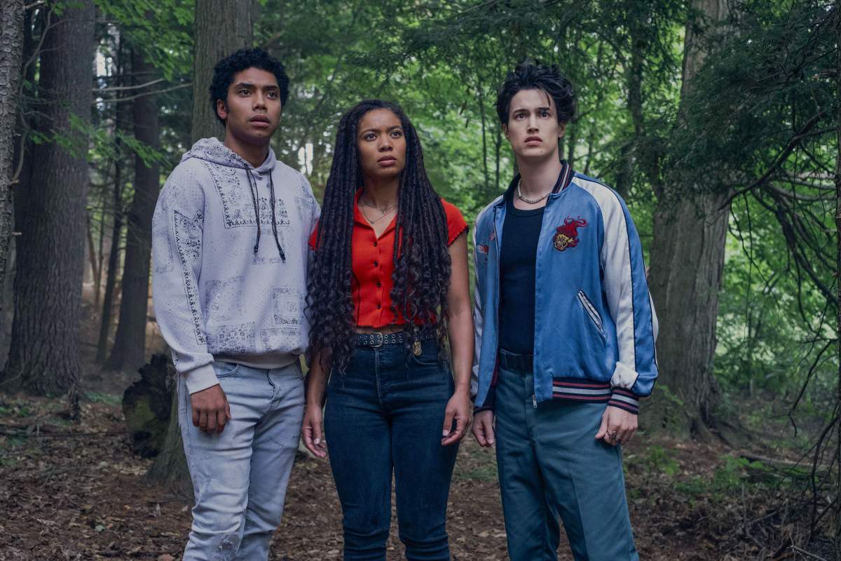 Chance Perdomo, Jaz Sinclair and Derek Luh in 'Gen V.' They are in the woods.