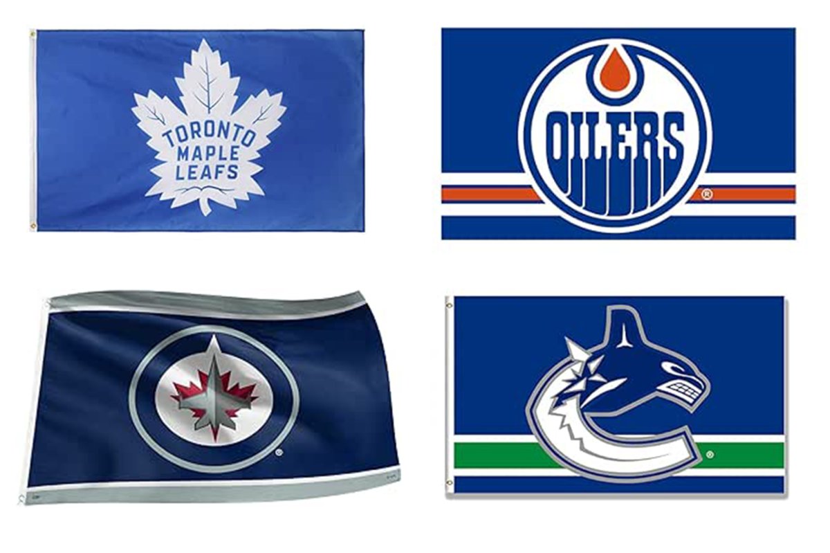 Flags for canadian NHL playoff teams including the leafs, oilers, jets and sharks
