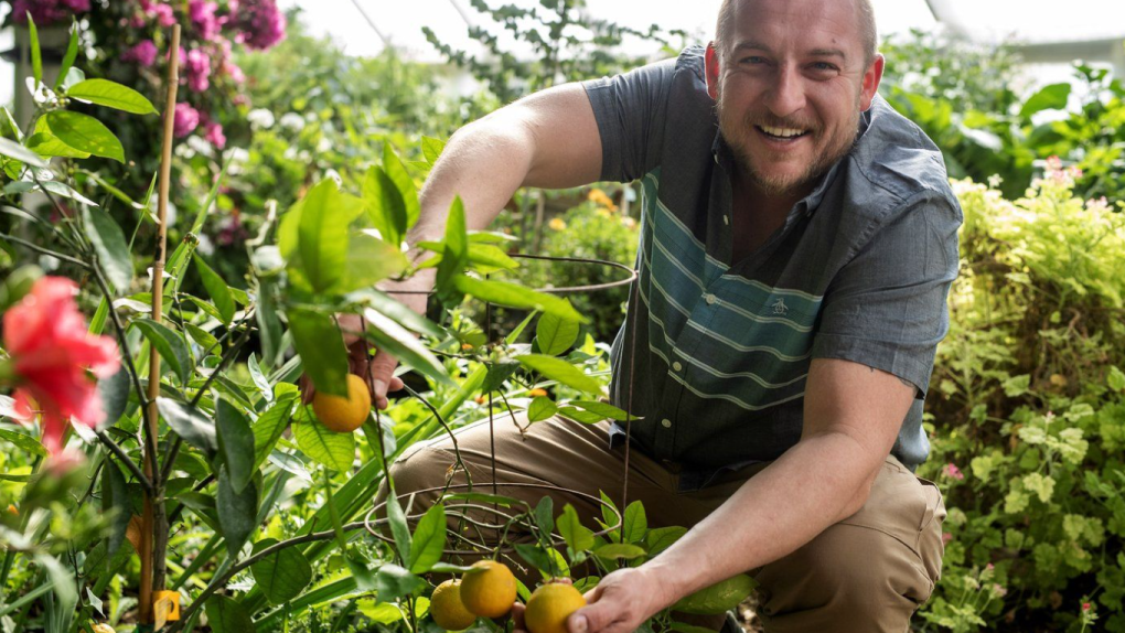 Dean Sopher poses for a portrait with one of his orange trees in his greenhouse outside Saskatoon on Friday, April 5, 2024. Sopher says that he is growing these crops for his family's consumption and he wants to be self-sufficient. THE CANADIAN PRESS/Liam Richards.