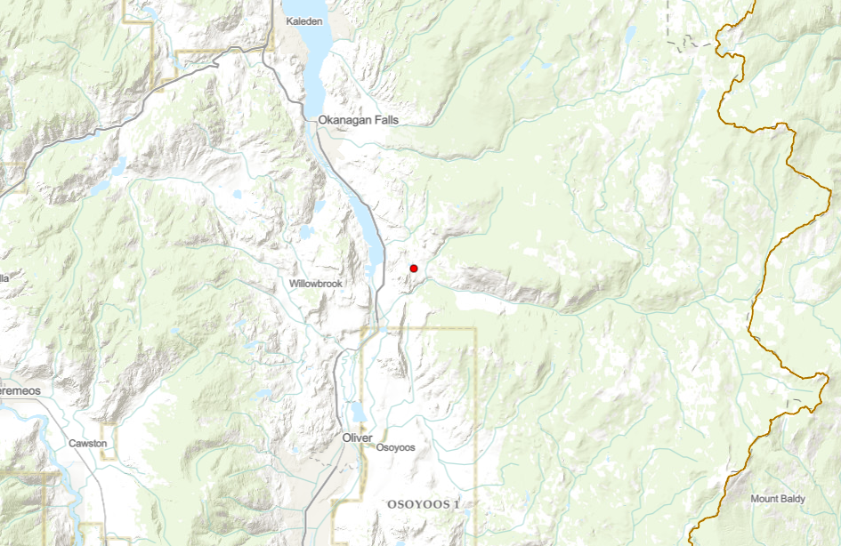 A map showing the location of the Dutton Creek wildfire in the South Okanagan.