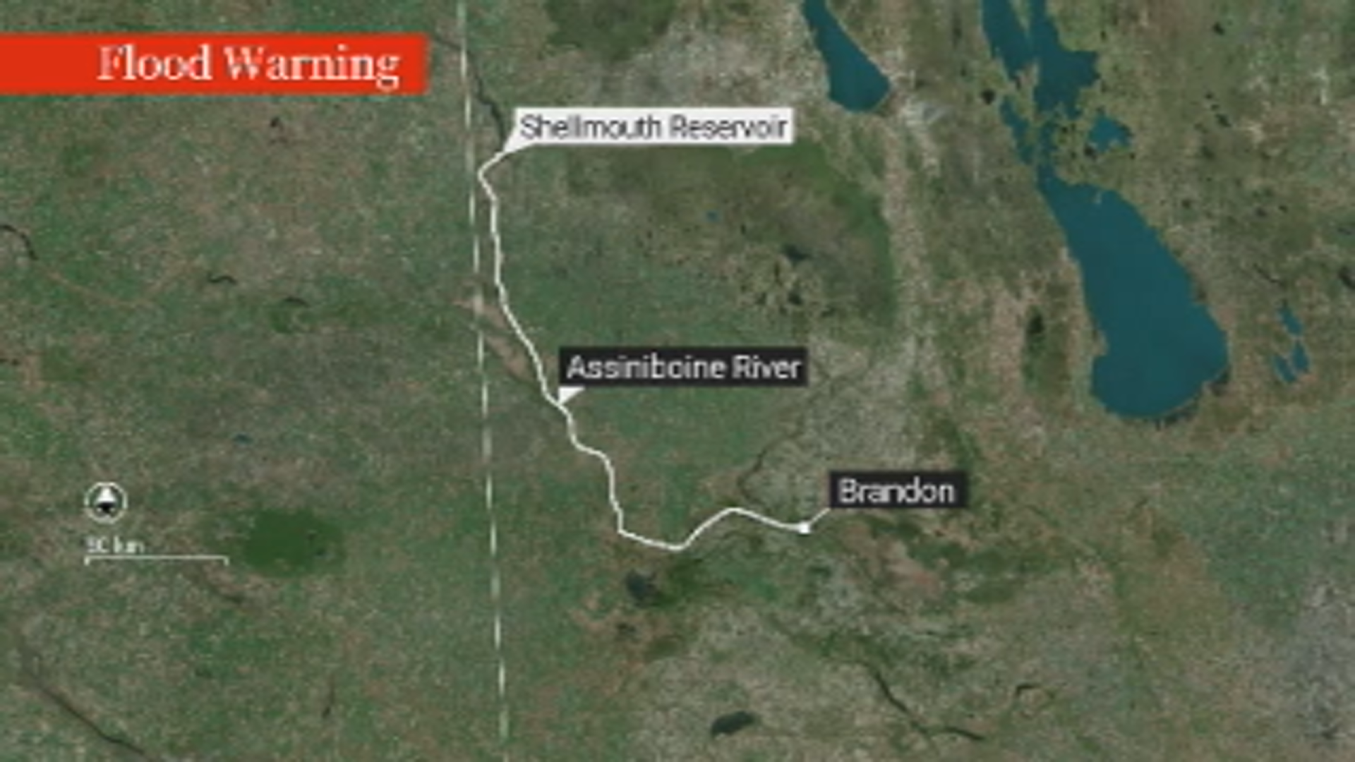 Map showing where the Manitoba government has issued a flood warning