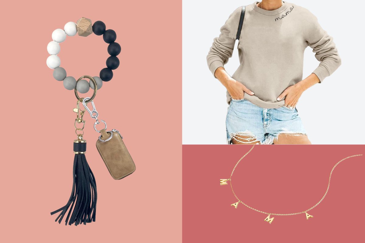 Mother's Day gift ideas including a sweatshirt with 'mama' printed on, a beaded keychain and a 'mama' gold necklace