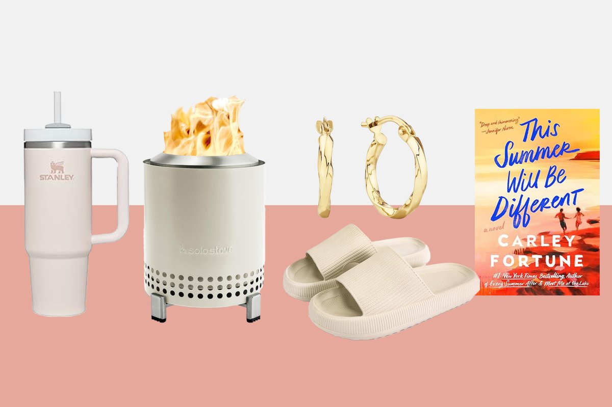 2024 Mother's Day gift ideas including a Stanley umbler, a small fire pit, earings, pillow slippers and 'This Summer Will be Different' book