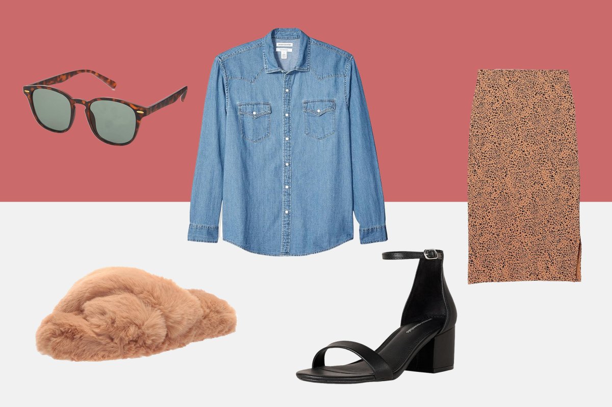Amazon Essential clothing items including a denim shirt, slippers, a knit camel leopard skirt and black sandals with a chunky heel