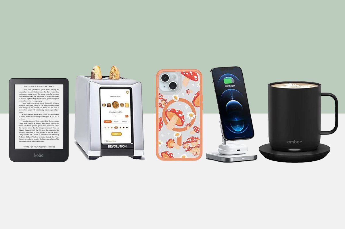 Mother's Day gift guide ideas including the Kobo Clara, an iphone charging station, an Otterbox phone case, and ember mug and a tech toaster