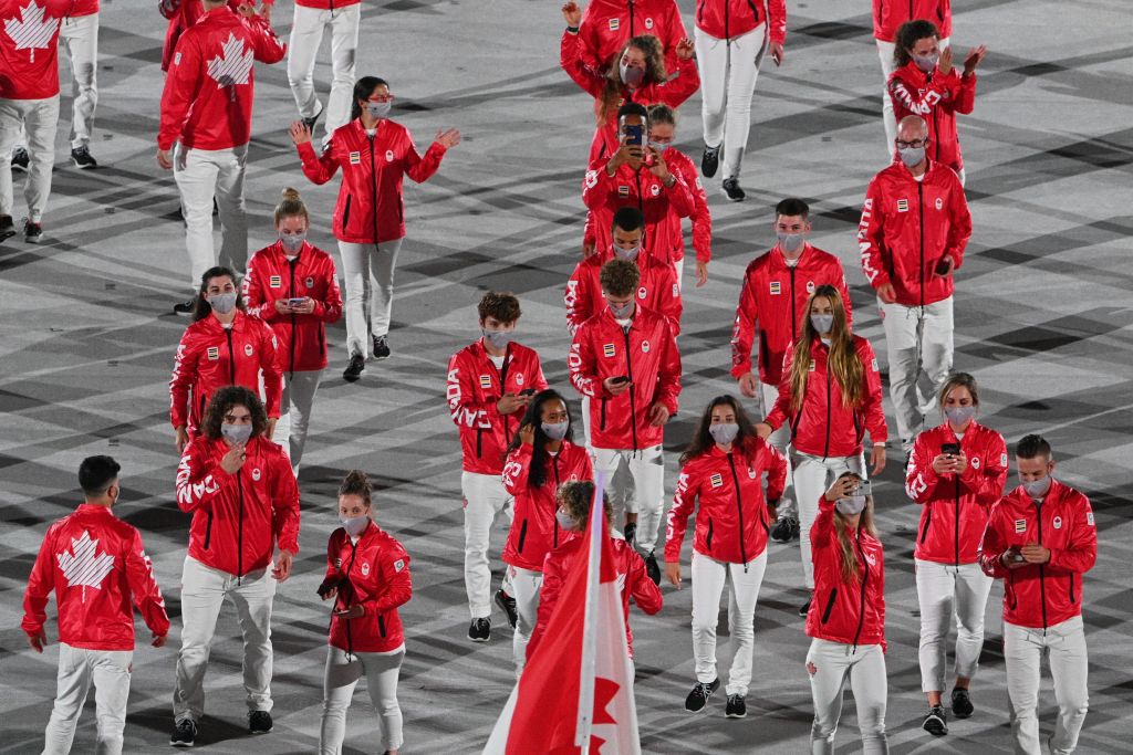 Canada's delegation parade during the opening ceremony of the Tokyo 2020 Olympic Games, at the Olympic Stadium, in Tokyo, on July 23, 2021.