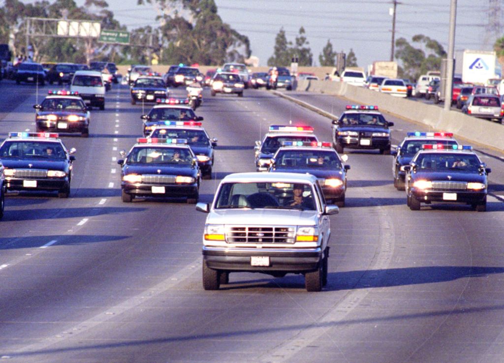 California Highway Patrol chase Al Cowlings, driving, and O.J. Simpson, hiding in rear of white Bronco on the 91 Freeway, just West of the I5 freeway. The chase ended in Simpson's arrest at his Brentwood home.