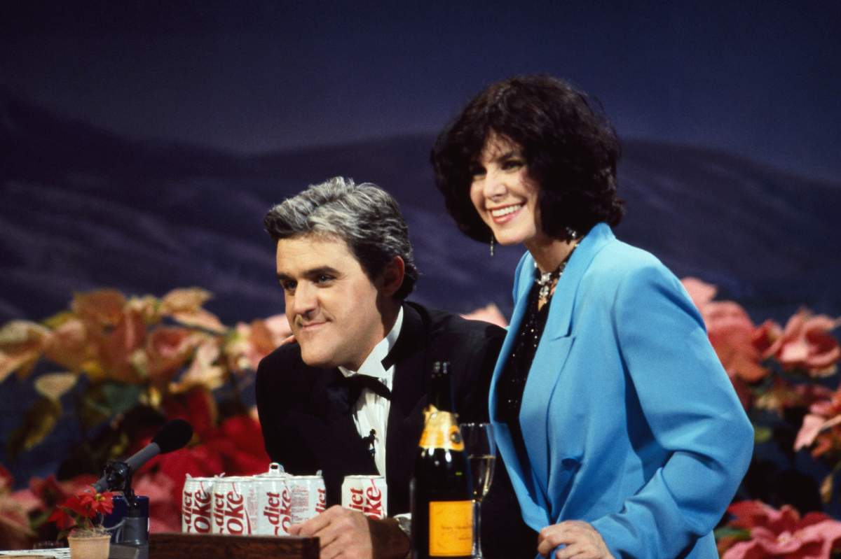 Jay Leno on the set of "The Tonight Show with Jay Leno" with his wife Mavis on December 31, 1992.