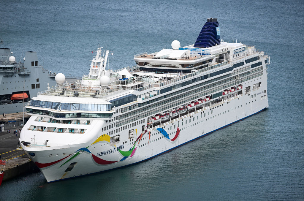 FILE - Cruise ship Norwegian Dawn is seen in Portland Port on September 06, 2022 in Portland, England.