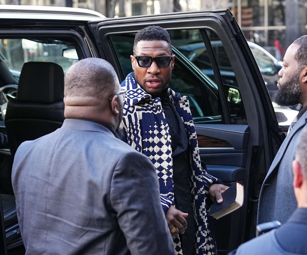 Actor Jonathan Majors arrives for sentencing in his domestic abuse case at Manhattan Criminal Court on April 8, 2024 in New York City.
