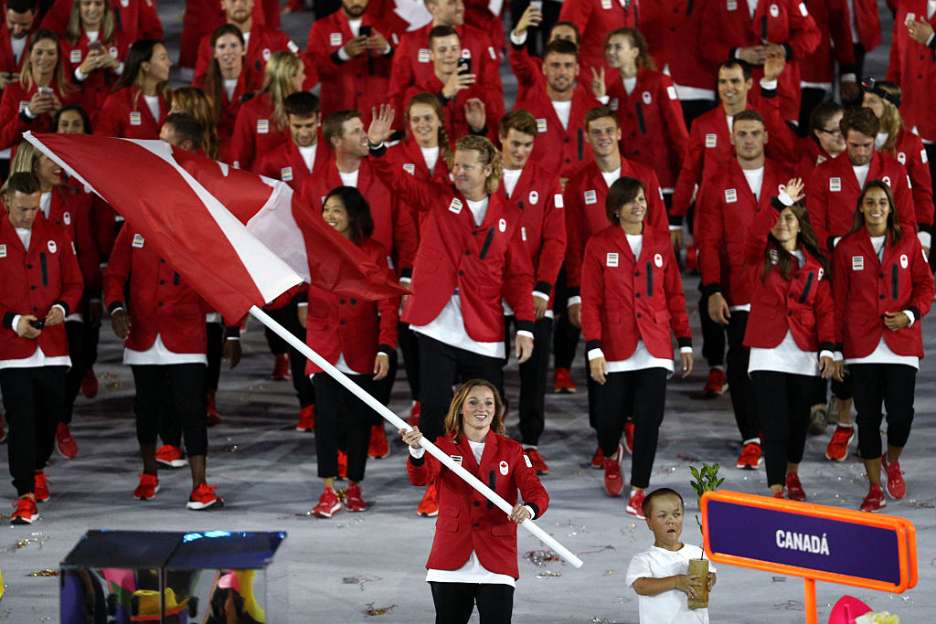 Flag bearer Rosannagh Maclennan of Canada leads her team during the Opening Ceremony of the Rio 2016 Olympic Games at Maracana Stadium on August 5, 2016 in Rio de Janeiro, Brazil.