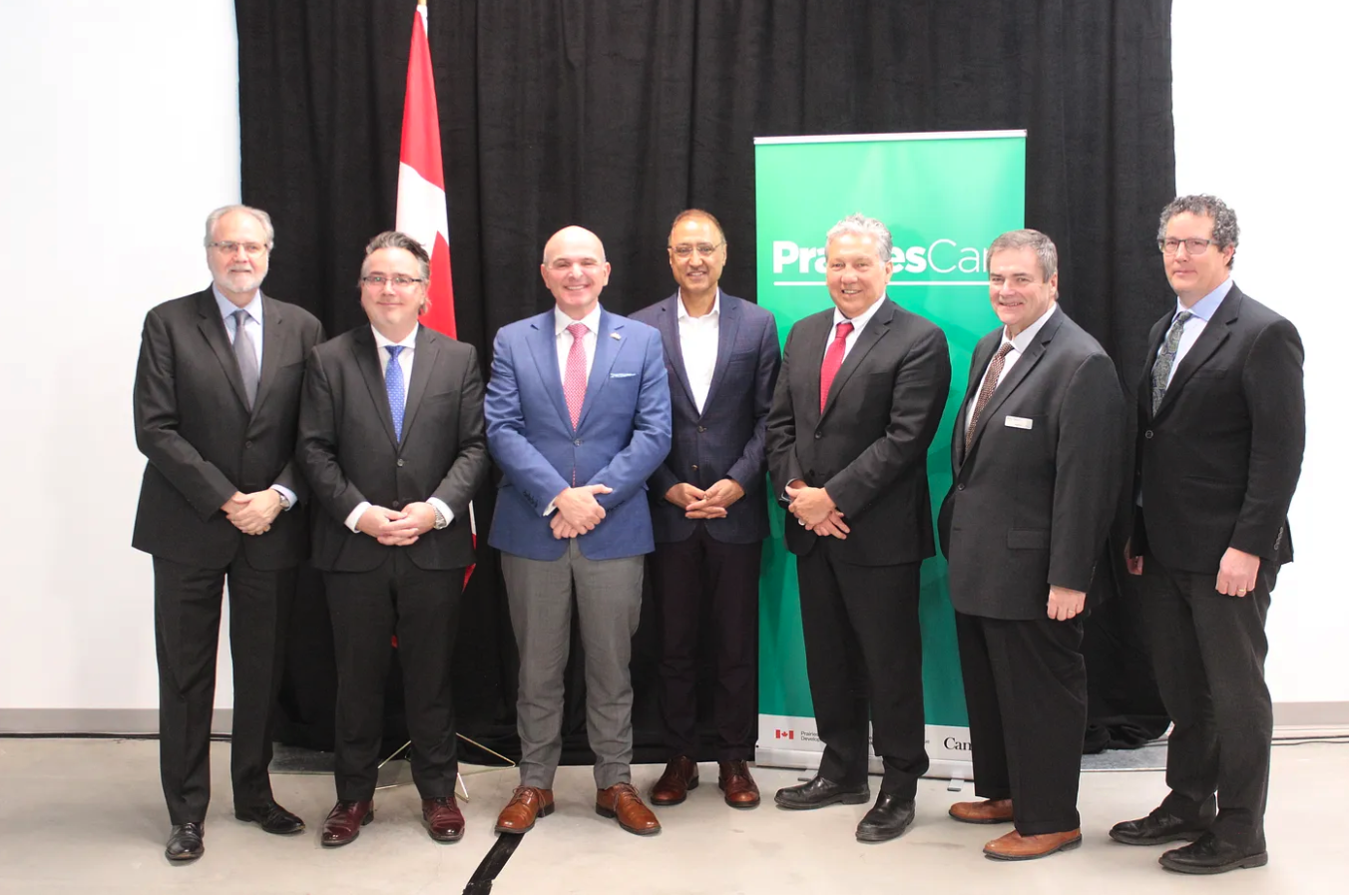 Tourism Minister Randy Boissonnault, Prairies Economic Development Canada Minister Dan Vandal, Edmonton Mayor Amarjeet Sohi, and PrairiesCan representatives at Edmonton International Airport, announcing $9.74 million in funds for hydrogen-related projects on Jan. 17, 2023.