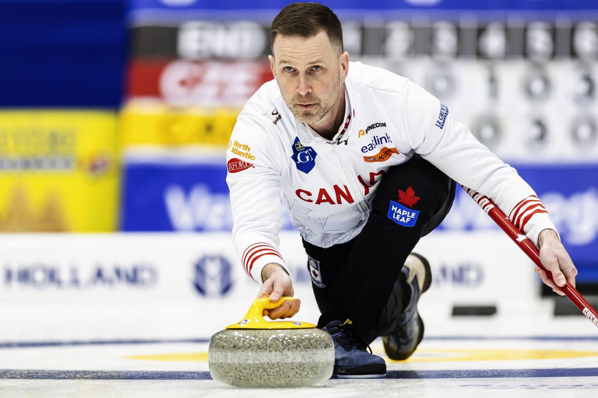 Canada's skip Brad Gushue delivers a stone against the Czech Republic at the men's Curling World Championships in Schaffhausen, Switzerland, Saturday, March 30, 2024.