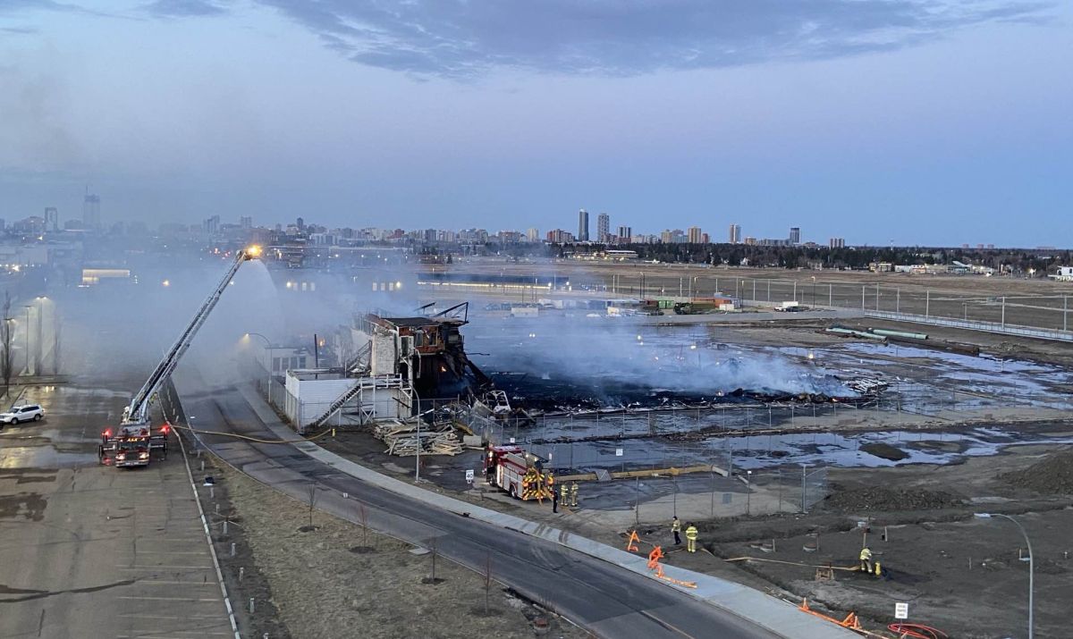 A view of Hangar 11 in Edmonton on April 23, 2024, the day after a massive fire. The structure is situated between the NAIT campus and the Blatchford neighbourhood, alongside what used to be Edmonton's City Centre Airport.