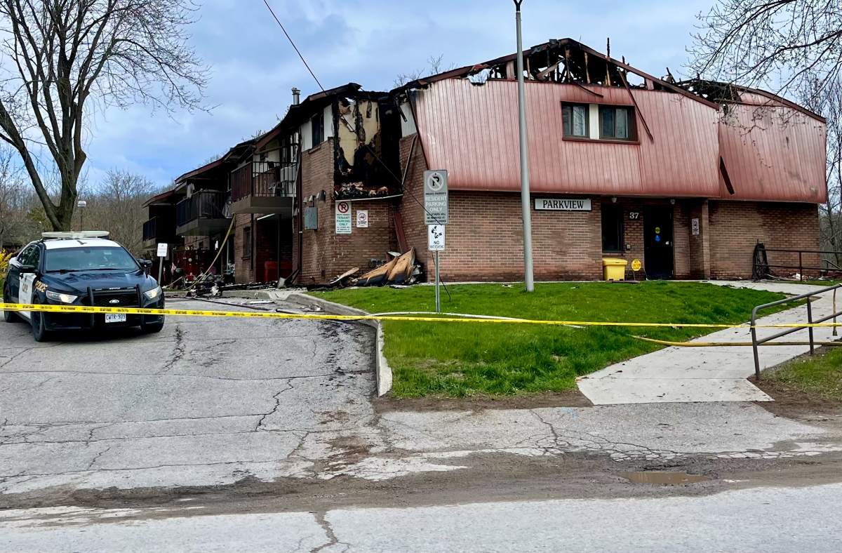 Peterborough County OPP remain on the scene on April 24 following a fire at an apartment complex on April 23, 2024.
