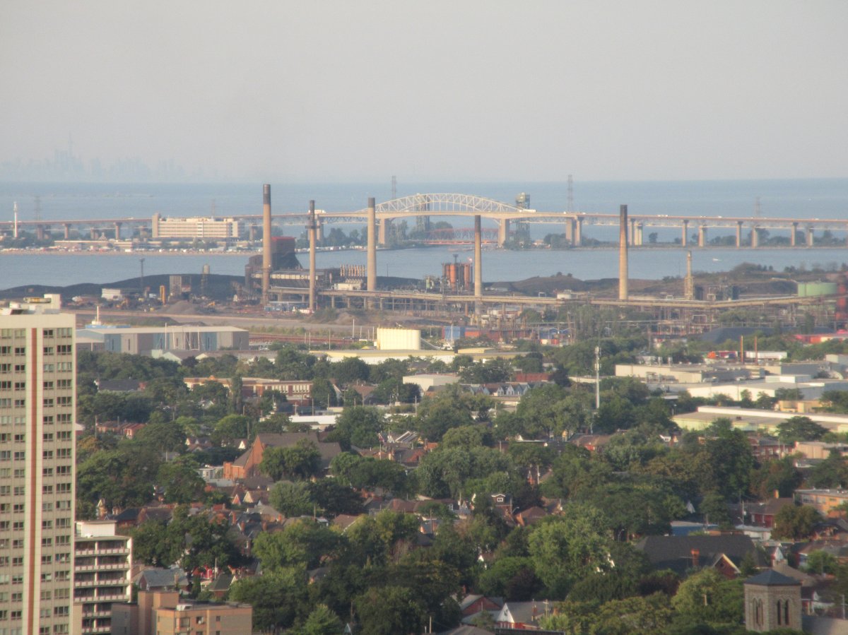 A daytime photo of the skyline around Hamilton's industrial sector.