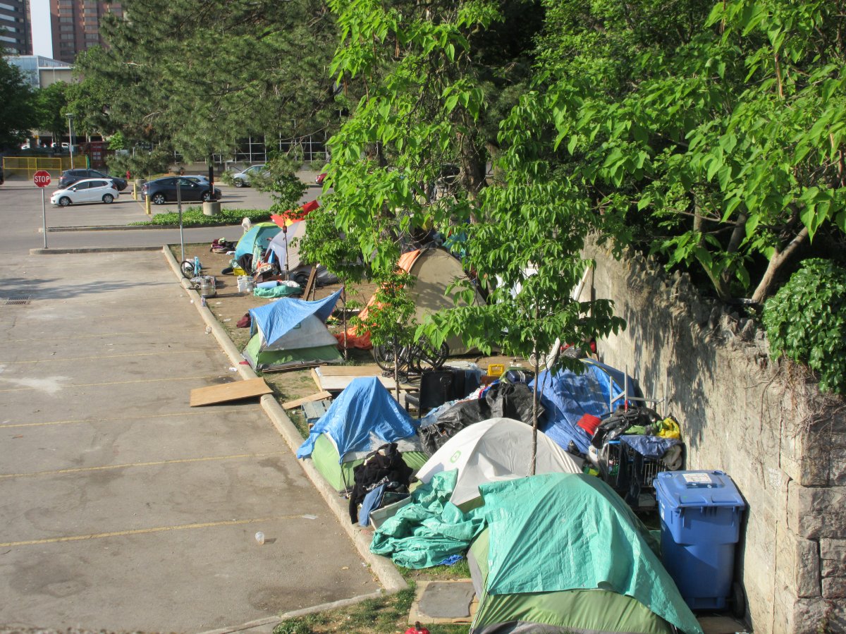 A photo of an encampment site in August 2023 near city hall in Hamilton, Ont.