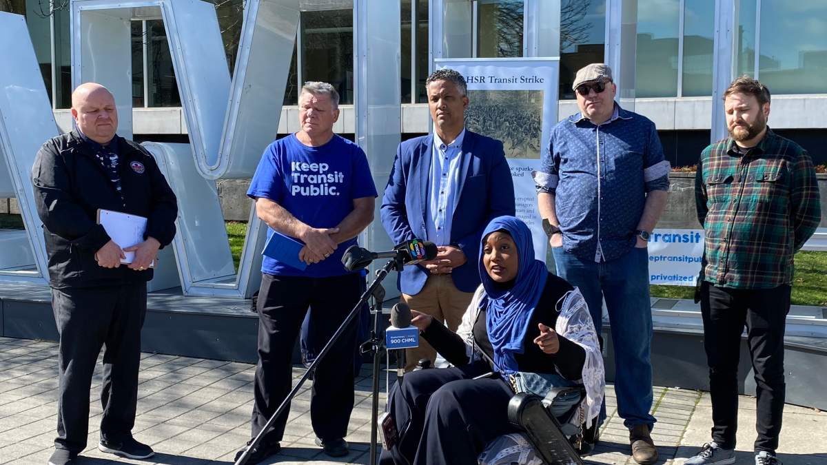 Advocates for putting the operation of Hamilton's forthcoming LRT at City hall on April 15, 2024. From left to right: ATU president John Di Nino, ATU 107 President Eric Tuck, Hamilton Centre MP Matthew Green, Hamilton Centre MPP Sarah Jama, Hamilton Community Benefits Network Karl Andus and Environment Hamilton's Ian Borsuk.
