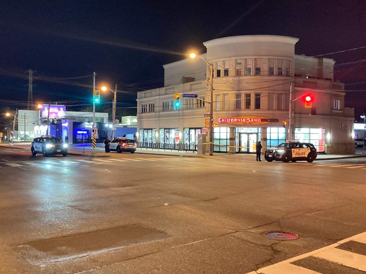 A police cruiser on the scene of a shooting on Dufferin Street in Toronto on Saturday night.