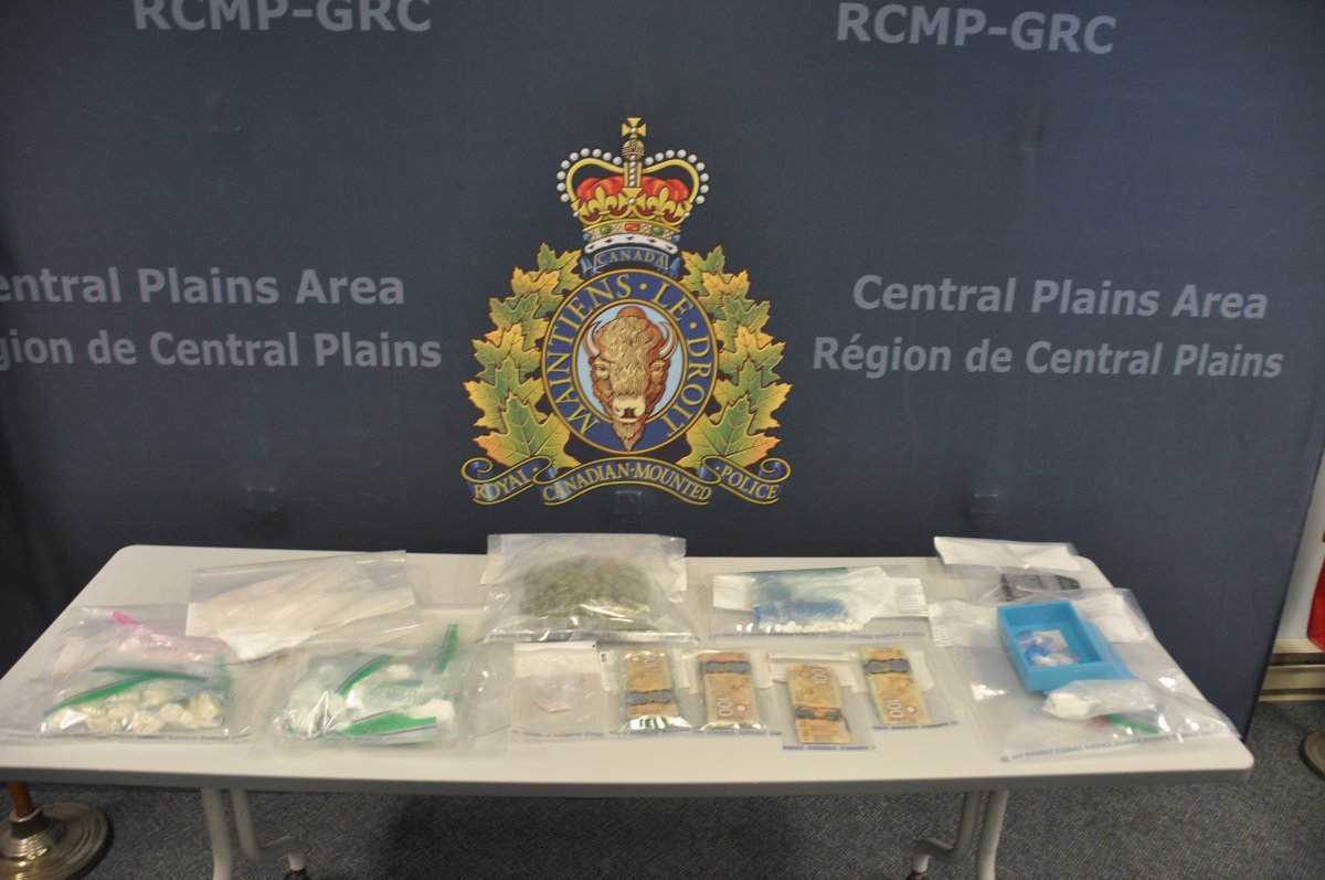 The items seized on April 19, 2024 during an RCMP drug bust in Portage la Prairie, Man.