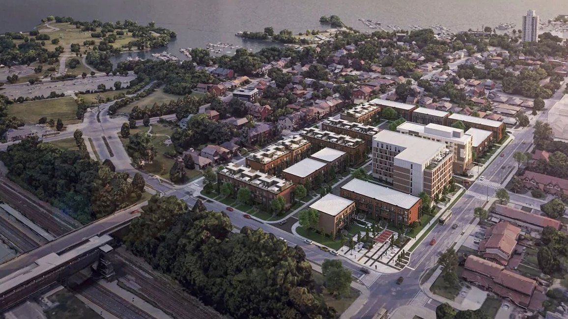 An artist's rendering of a future mixed-income housing development in Hamilton’s north end at 405 James St. N. The project has been delayed further due to a challenge CN Rail has put before the Ontario Land Tribunal.