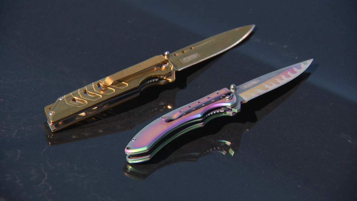 The two knives Arts on the Ave executive director Christy Morin was able to purchase at a central Edmonton convenience store on Wednesday, April 3, 2024.