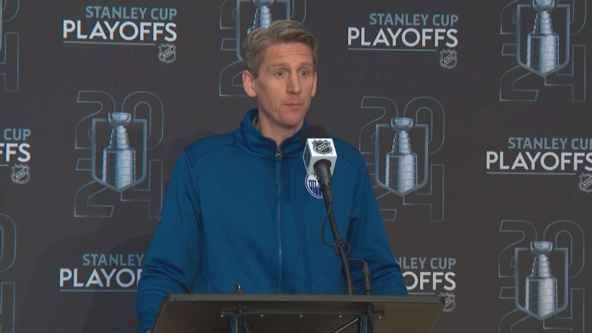 Oilers coach Kris Knoblauch speaks to reporters in Edmonton on April 22, 2024.