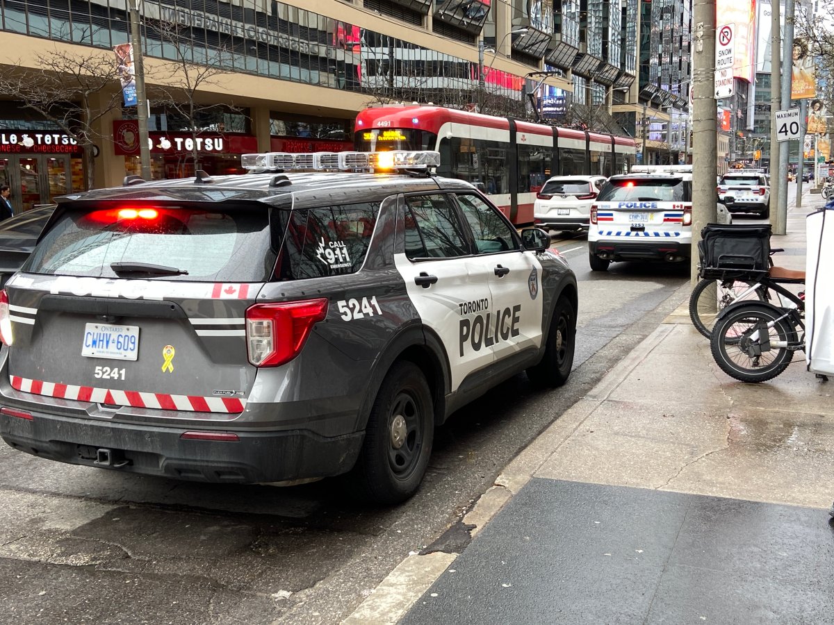 Toronto police are on scene after a person was stabbed at Bay Street and Dundas Street East on Friday.