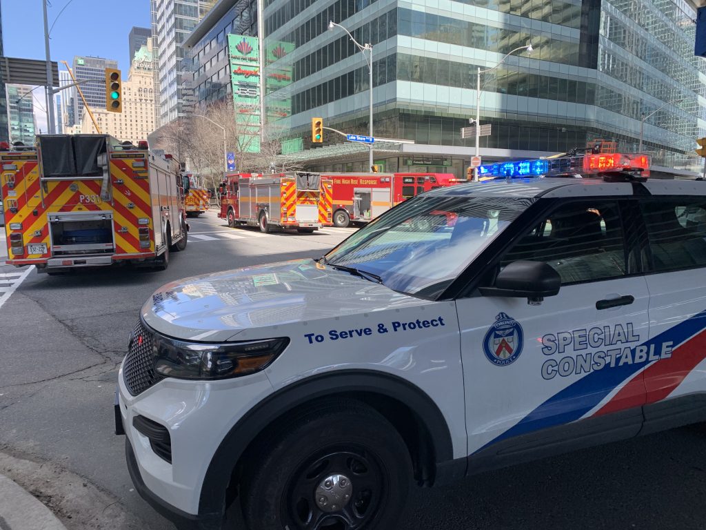 Toronto police and Toronto fire are at the scene of a two-alarm blaze at a downtown condo building Monday afternoon.
