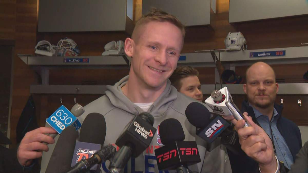 Oilers forward Corey Perry speaks to reporters in Edmonton on April 22, 2024.