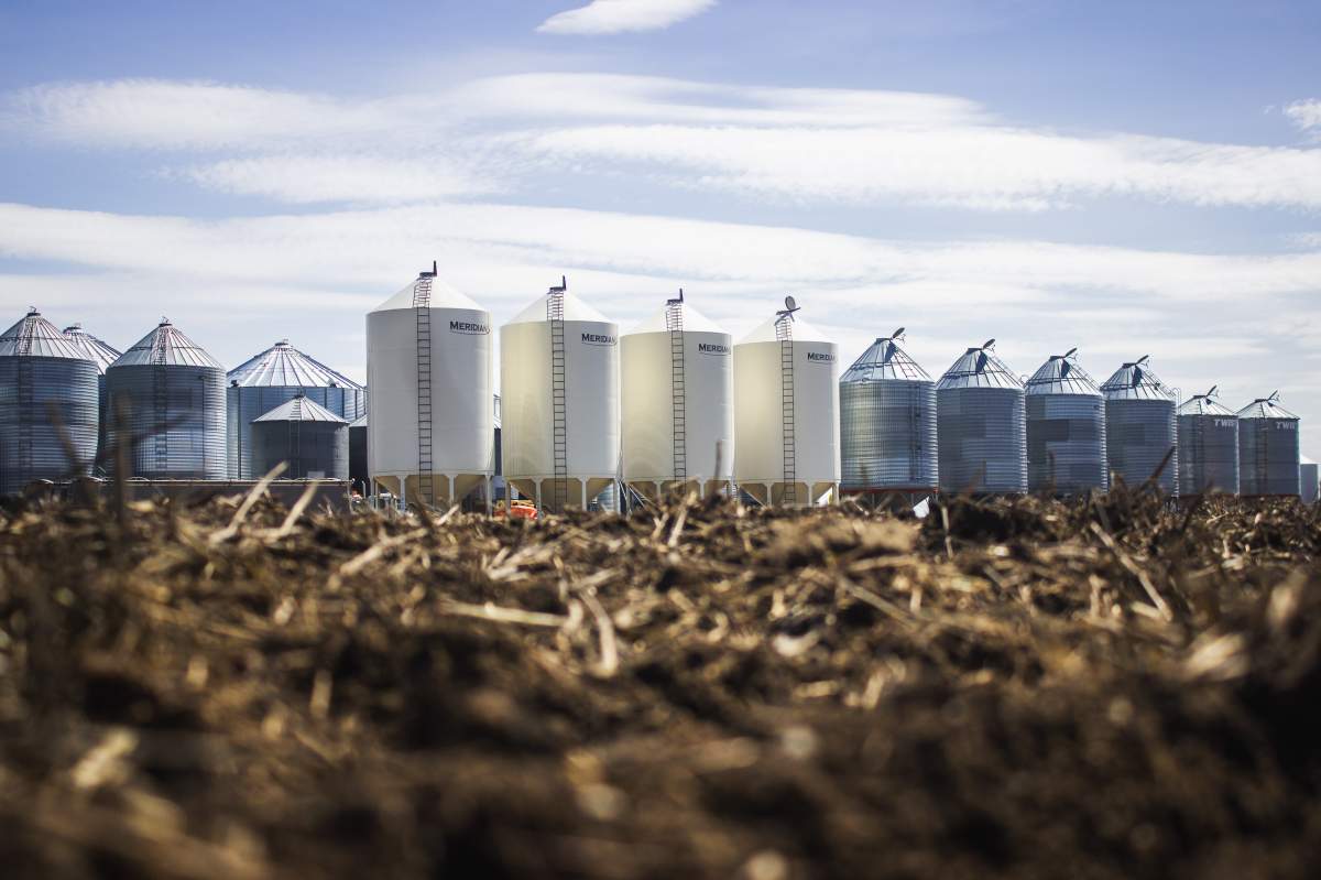Grain bins can be seen outside of Gray Saskatchewan.